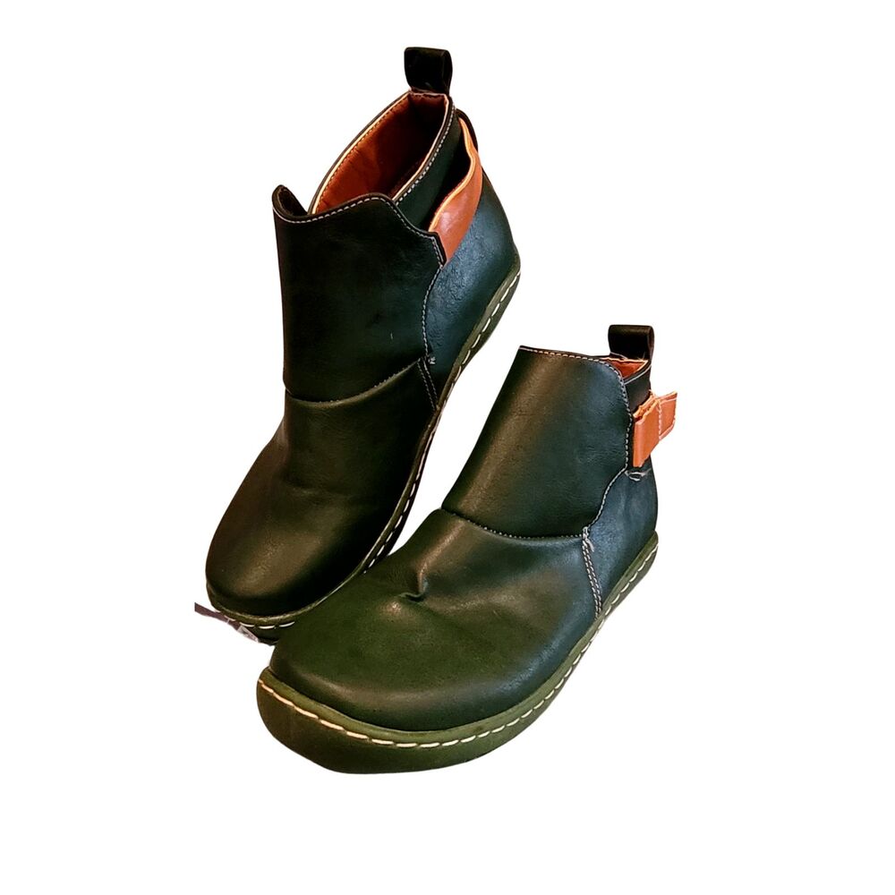 Faux Leather Emerald Green and Tan Booties Ankle Boot Rubber Sole EU38 7.5US